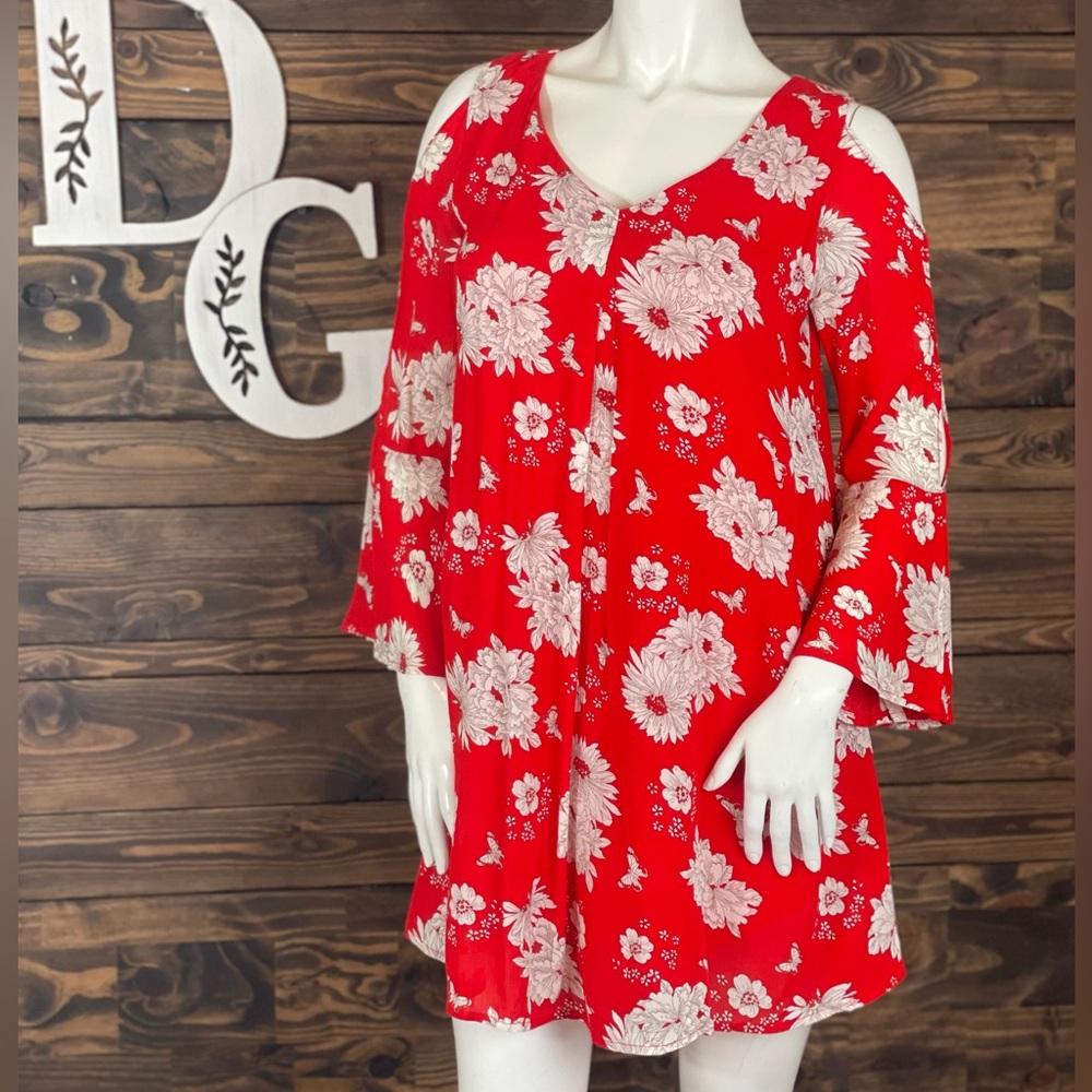 Skies Are Blue Floral Butterflies Cut Out Cold Shoulder Bell Sleeve Swing Dress